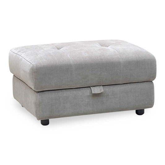 Full View ‘Dinky’ contemporary living room storage footstool, beautifully upholstered in high-grade Manhattan Nutmeg textured fabric.