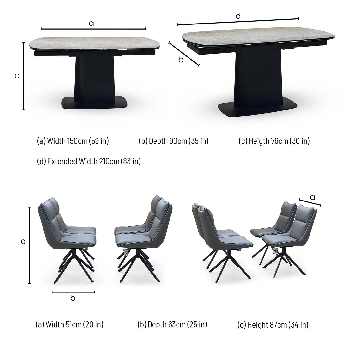 ‘Catalina’ Grey Ceramic Small Extending Dining Table with Dark Grey Faux Leather Set of 4 Swivel Dining Chairs Furniture Village