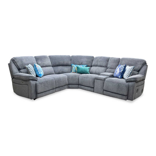 Full View ‘Costa’ high-tech smart motion suite, featuring a left-hand corner sectional sofa beautifully upholstered in Charcoal Grey weave fabric, complete with integrated cupholders, center console storage, built-in Bluetooth speakers, and power headrests.