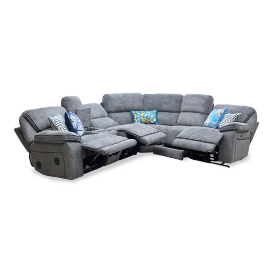 Full View ‘Costa’ high-tech smart motion suite, featuring a right-hand corner sectional sofa beautifully upholstered in Charcoal Grey weave fabric, complete with integrated cupholders, center console storage, built-in Bluetooth speakers, and power headrests.