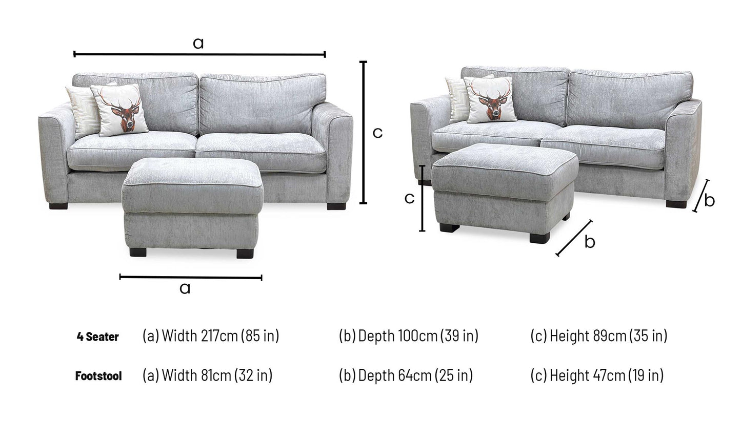 'Elora’ Warm Grey Fabric 4 Seater Split Frame Sofa with Storage Footstool Furniture Village
