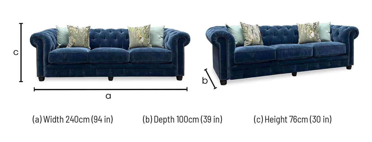 At The Helm ‘Shackleton’ X3y2-W024 Midnight Blue Fabric 4 Seater Chesterfield Sofa Furniture Village