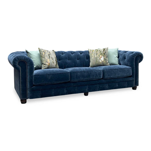 At The Helm ‘Shackleton’ X3y2-W024 Midnight Blue Fabric 4 Seater Chesterfield Sofa Furniture Village