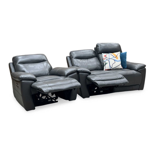 ‘Sloane’ Cat-35_01 Florida Graphite Grey Leather 2 Seater Sofa + Armchair Power Recliner Set Furniture Village