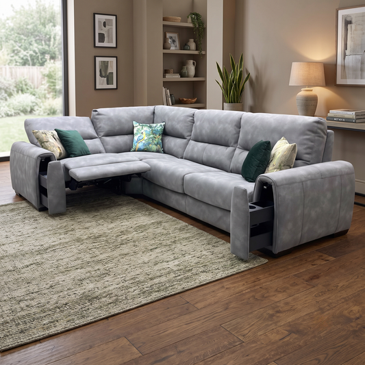 ‘Flex’ BFA-BEY-R16 Graphite Grey Fabric Small Corner Sofa Bed with Power Recliner and Storage Arms Furniture Village