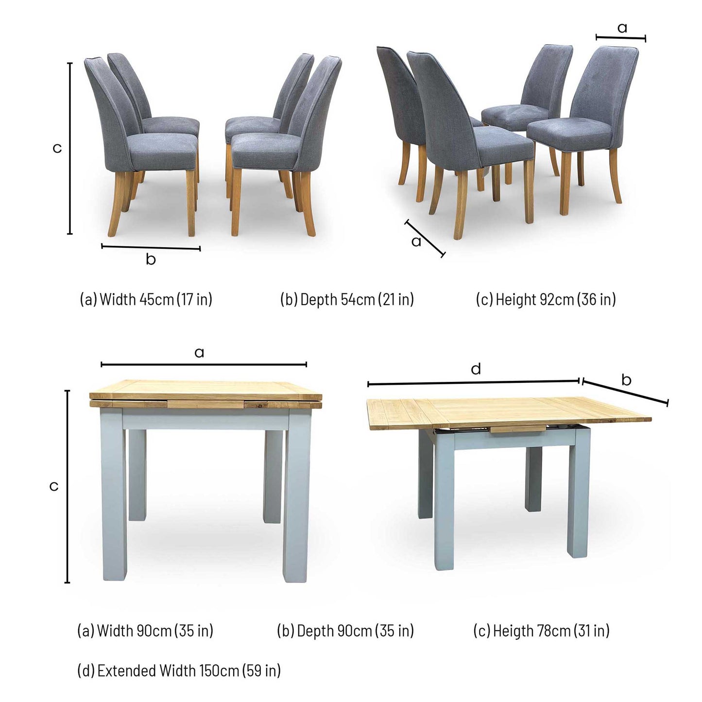 ‘Hamilton’ Solid American Oak Draw Leaf Extending Dining Table with Charcoal Grey Fabric Dining Chairs - Set of 4 Furniture Village