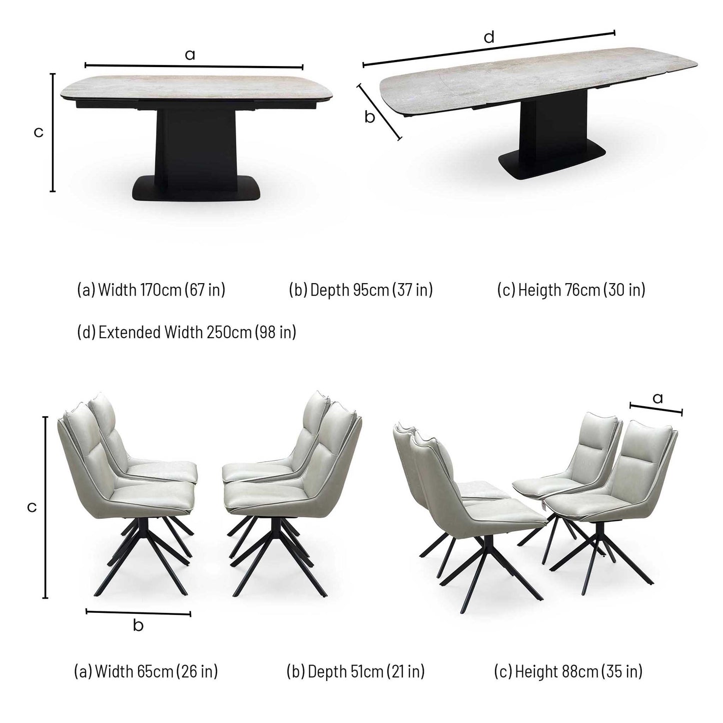 ‘Catalina’ Large Extending Ceramic Top Dining Table with Taupe Faux Leather Set of 4 Swivel Dining Chairs Furniture Village