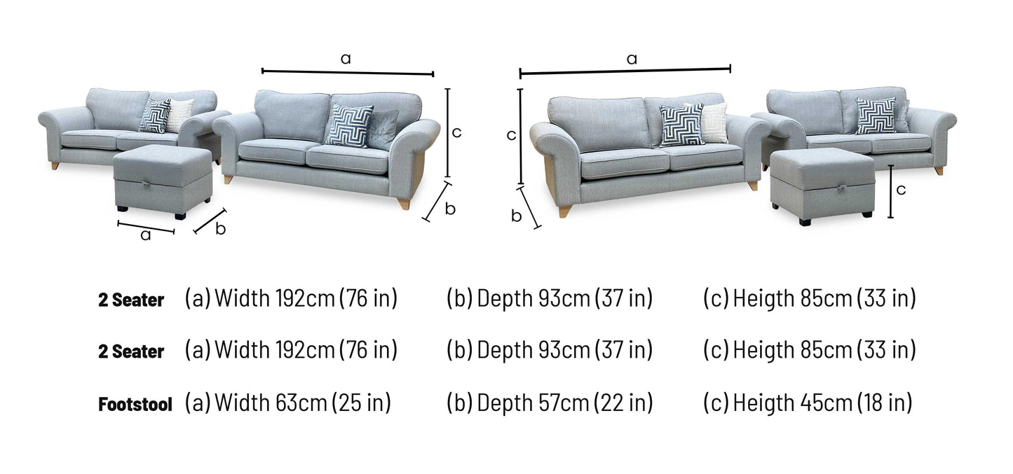 ‘Angelic’ Ash Grey Cotswold Plain Fabric 2 Seater Sofa + 2 Seater Sofa + Storage Footstool Set DFS