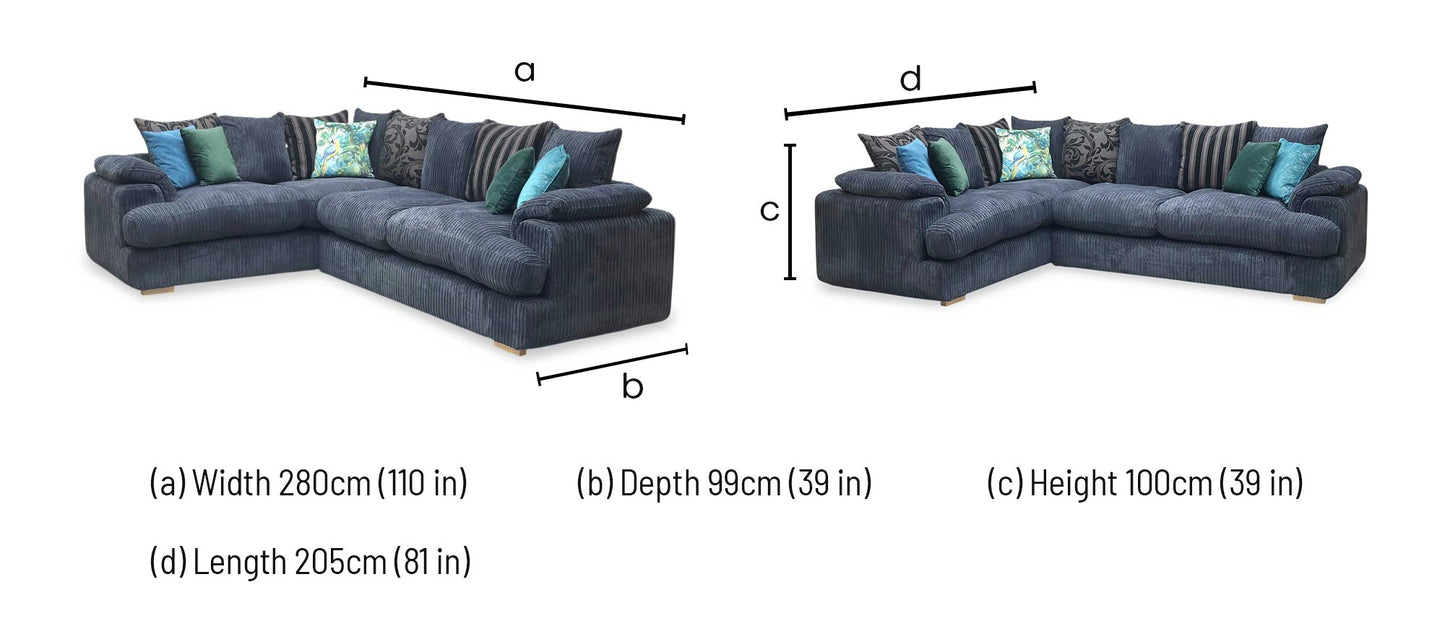 'Celine' Black Celine Cord Fabric Right Arm Facing 2 Seater Pillow Back Corner Sofa DFS