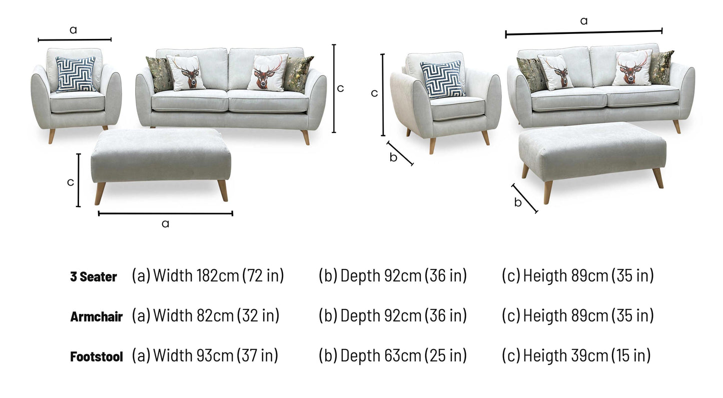 'Aurora' Silver Plaza Linen Fabric 3 Seater Sofa + Chair + Banquette Footstool DFS