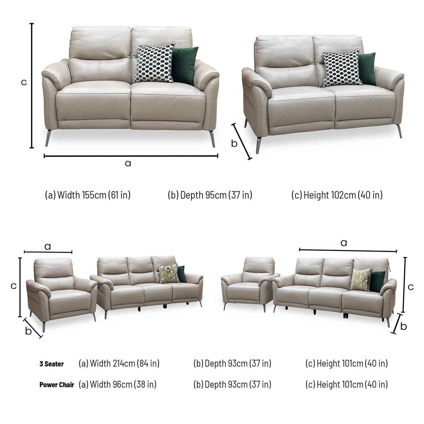 ‘Daytona’ Cat-40_08 Oyster Leather Set: 3 Seater Power Recliner + 2 Seater Standard Sofa with Chair Sofa Set Furniture Village
