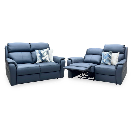 Nicoletti ‘Vito’ Torello Blu 81 Blue Leather 2 + 2 Seater Power Recliner Sofa Set with Power Headrests and Power Lumbar Furniture Village