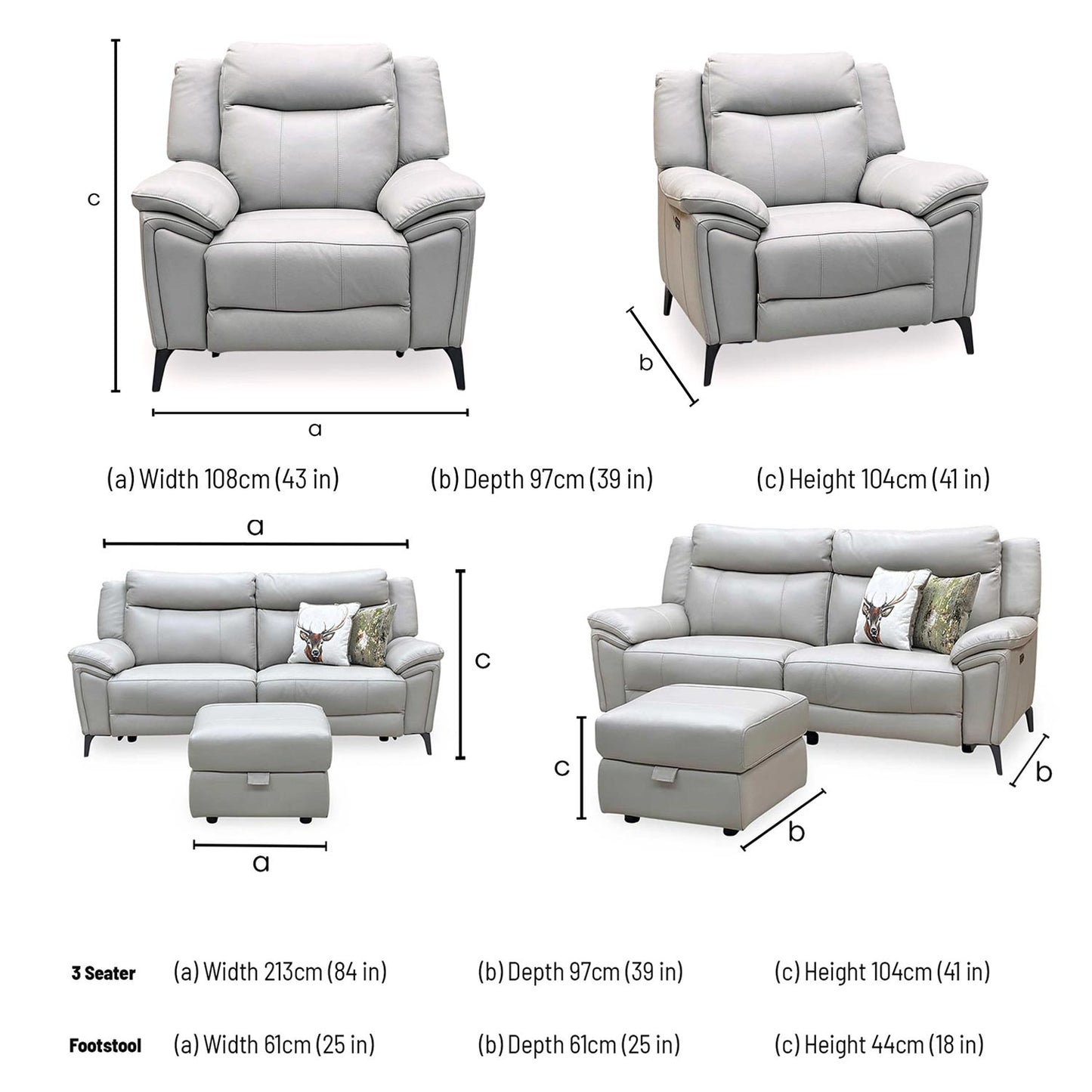 ‘Panache’ Lead Grey Cat-60_23 Leather 3 Seater Power Recliner + Chair with Power Headrest and Heated Seat & Storage Footstool Sofa Set Furniture Village