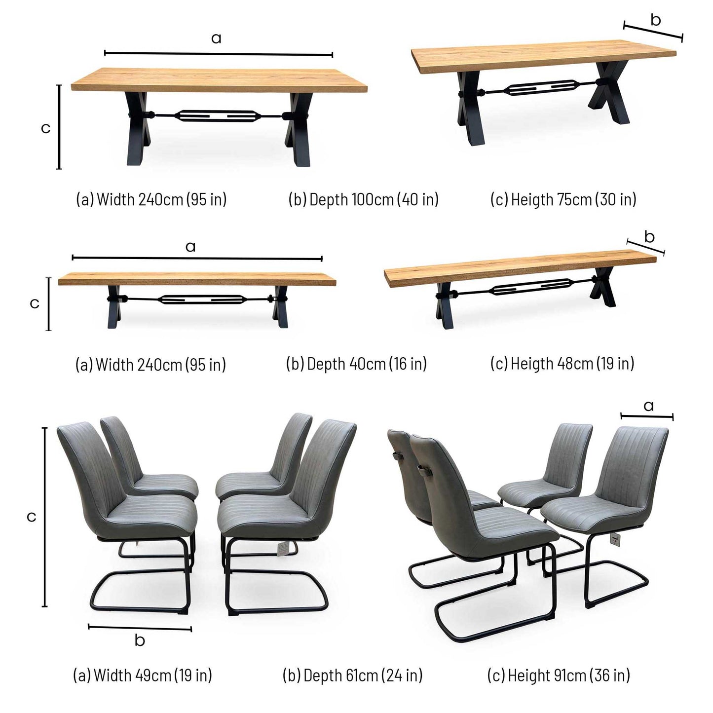 Bodahl ‘Terra’ 1 Oil Solid Oak Straight Top 240cm Tension Bolt X-Leg Dining Table with 04 Grey Leather Cantilever Dining Chairs & Dining Bench Furniture Village