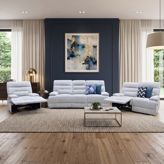 ‘Olivia’ Grey Fabric Manual Recliner Set: 3 + 2 Seater Sofa & Armchair Thornbrook (a Joseph James brand)