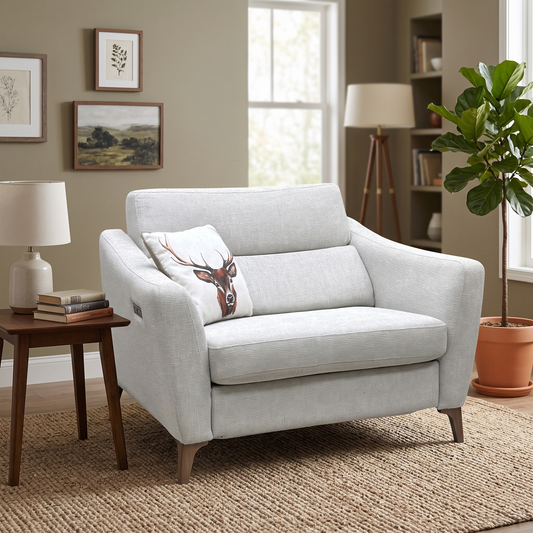 ‘Moderna’ Blr Sand Sw Woven Fabric Power Recliner Snuggler with Power Telescopic Headrest Furniture Village