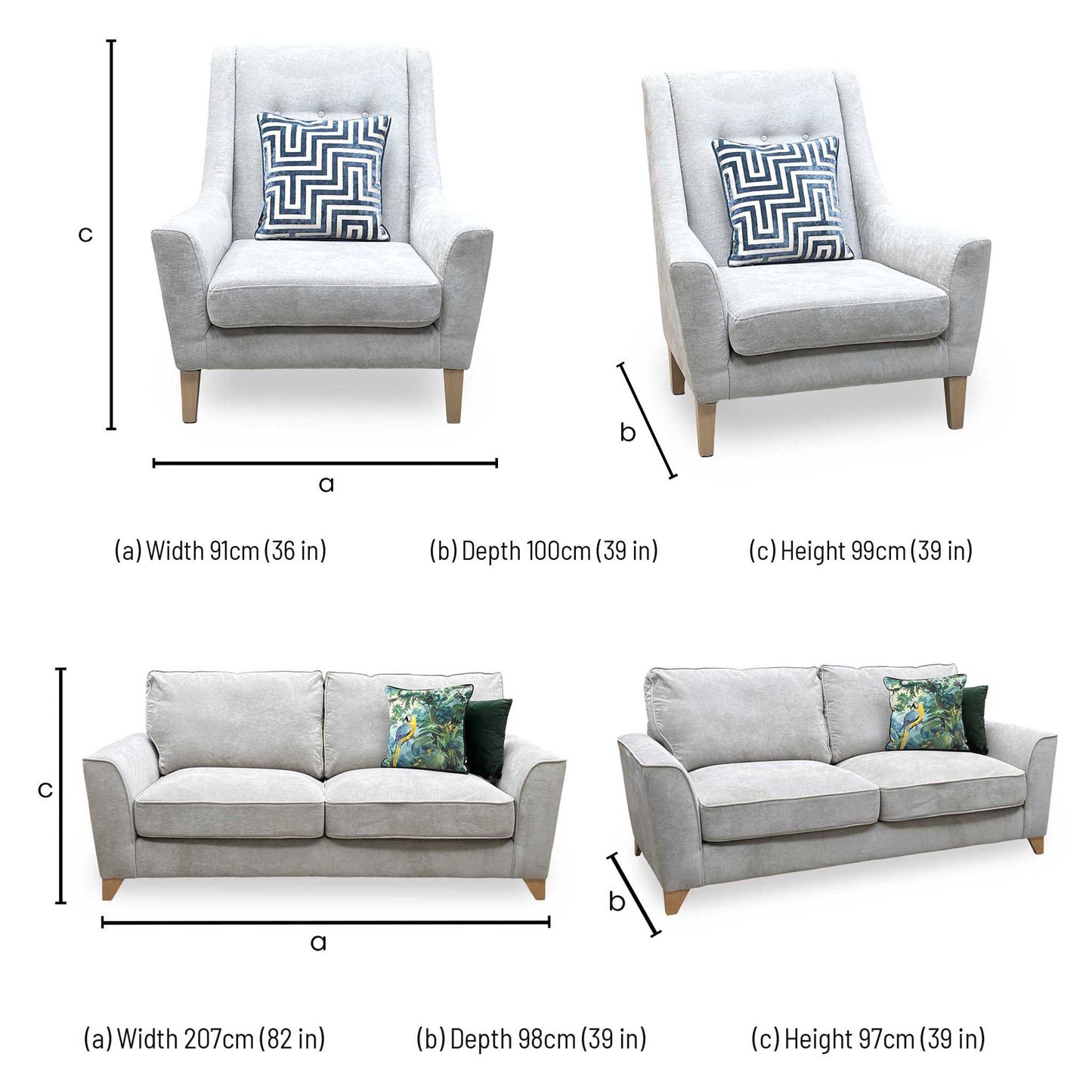 ‘Legend’ 3 Seater Sofa with Designer Accent Chair Kingston Silver Fabric Classic Back Sofa Set Furniture Village