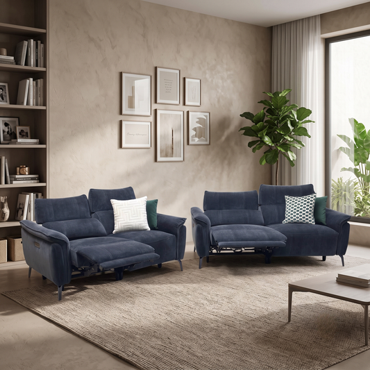'Jude’ Manhattan Indigo Fabric 3 + 2 Seater Power Recliner Sofa Set with Power Headrests and Power Lumbar Furniture Village