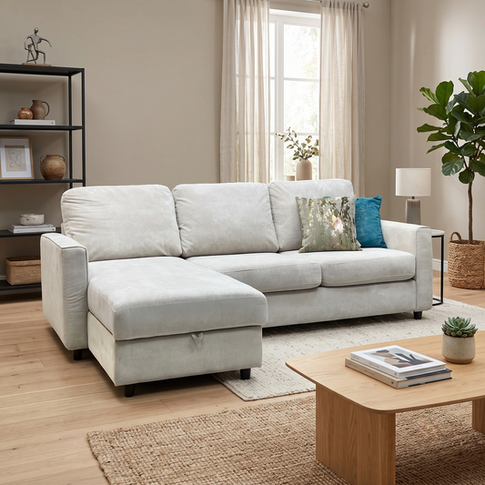 ‘Esprit’ Silver Ebony Feet Fabric Left Hand Facing Sofa Bed with Storage Chaise Furniture Village