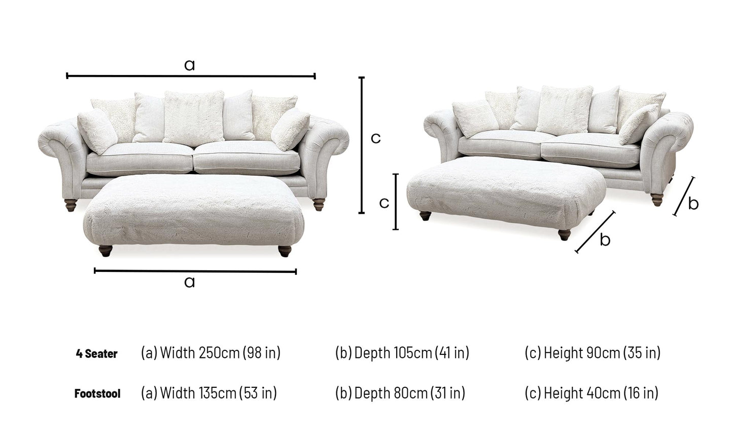 ‘Blenheim’ Darwin Ivory Fabric 4 Seater Scatter Back Sofa + Large Fur Footstool