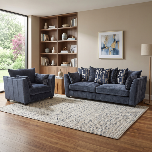 ‘Allure’ Coco Indigo Fabric 4 Seater + Snuggler Chair Scatter Back Split Frame Sofa Set Furniture Village