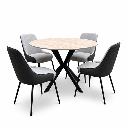 ‘Sadia’ Oak Veneer 110cm Round Dining Table with Grey Combination Dual Material Dining Chairs - Set of 4