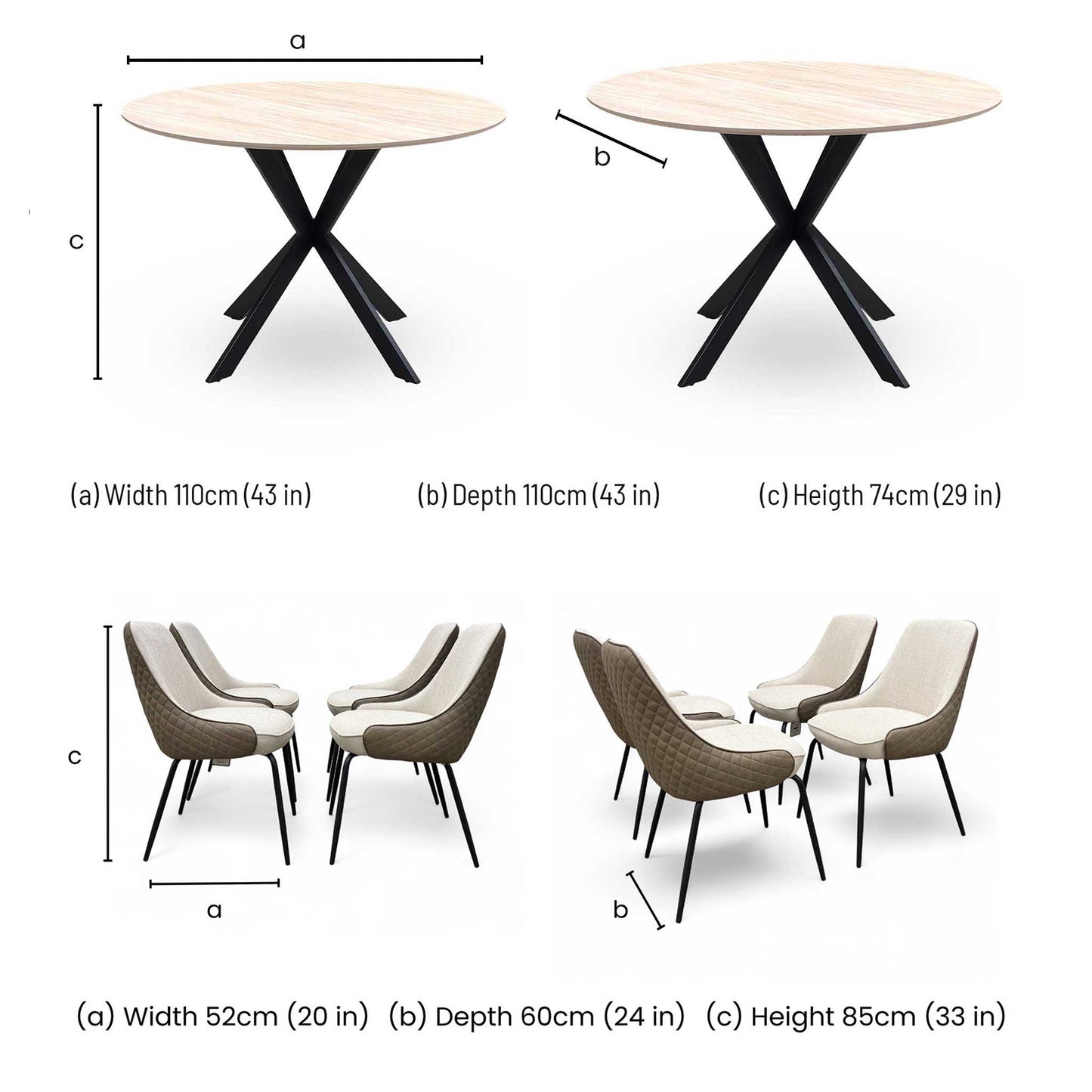 ‘Sadia’ Oak Veneer 110cm Round Dining Table with Biscuit Combination Dual Material Dining Chairs - Set of 4 Thornbrook (a Joseph James brand)