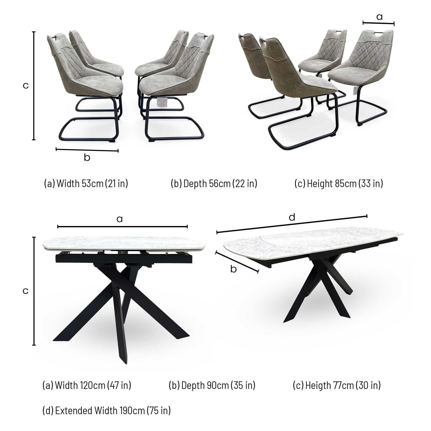 'Warrior' Crystal White Ceramic Top Swivel Extending Dining Table with Taupe Fabric Cantilever Dining Chairs - Set of 4 Furniture Village