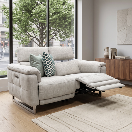 'Moet' Anivia Khaki Fabric 2 Seater Power Recliner Sofa with Telescopic Headrests Furniture Village