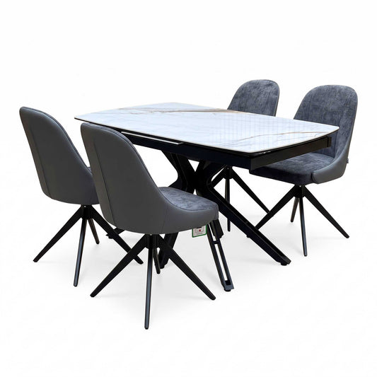 'Jose' Doro Marble Ceramic Top 130cm Pop Up Extending Dining Table with Anthracite Grey Fabric Set of 4 Swivel Chairs