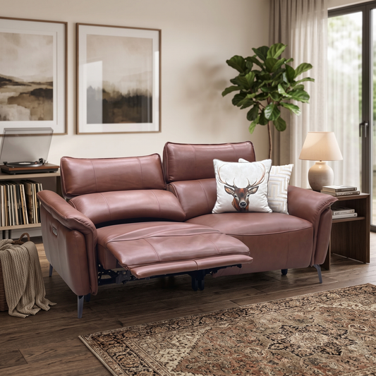 ‘Jude’ Montana Butterscotch Brown Cat-60_07 Leather 3 Seater Power Recliner Sofa with Power Headrests, Power Lumbar and Heated Seats Furniture Village