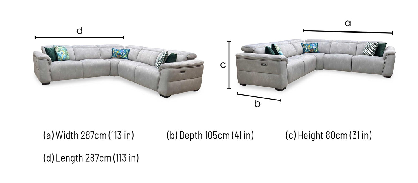 ‘Inca’ Dexter Stone Fabric Large Power Recliner Corner Sofa with Power Headrests Furniture Village