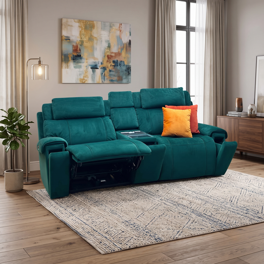World of Leather ‘Hollywood’ Emerald Green Velvet Fabric 3 Seater Power Recliner Media Sofa with Power Headrests and Storage Arms Furniture Village