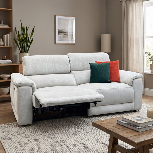 ‘Genius' Hudson Cream Fabric 3 Seater Power Recliner Sofa with Power Headrests Furniture Village