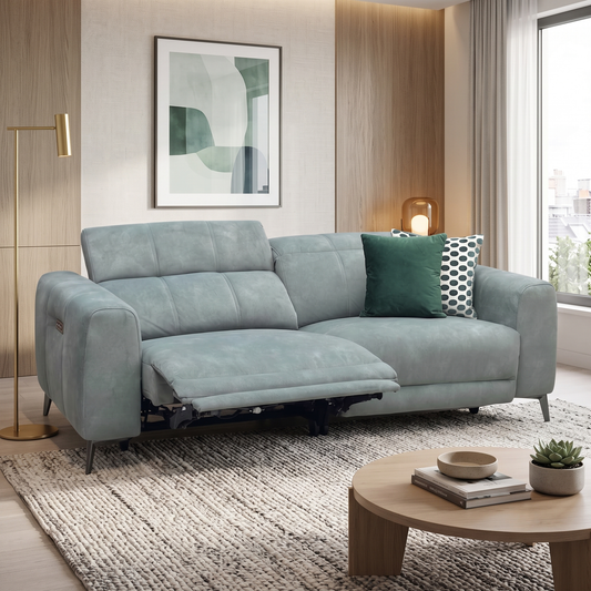 ‘Ezra’ Dexter Fern Green Fabric 3 Seater Power Recliner Sofa with Power Headrests Furniture Village