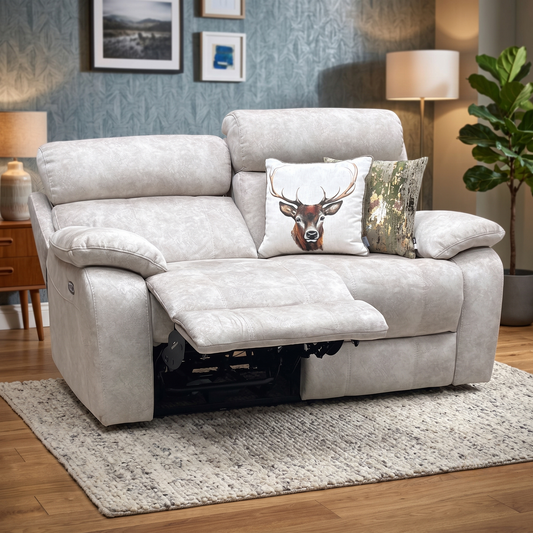 ‘Moreno’ Bfa-Bnn-R26 Cream Velvet Fabric 2 Seater Power Recliner Sofa with Power Headrests Furniture Village