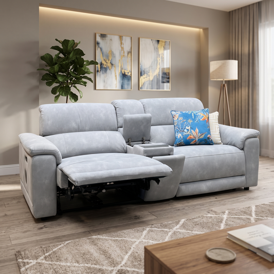 'Genius' Dexter Smoke Grey Velvet Fabric 3 Seater Power Recliner Media Sofa with Power Headrest, Power Lumbar and Bluetooth Speakers Furniture Village