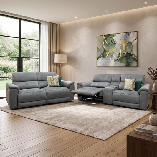 ‘Genius’ Dexter Moss Green Velvet Fabric 3 Seater Power Recliner + 3 Seater Power Recliner Media Sofa Set with Power Headrest, Power Lumbar and Bluetooth Speakers Furniture Village