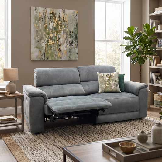 ‘Genius’ Dexter Moss Green Velvet Fabric 3 Seater Power Recliner Sofa with Power Headrests Furniture Village