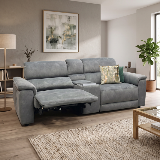 'Genius' Dexter Moss Green Velvet Fabric 3 Seater Power Recliner Media Sofa with Power Headrest, Power Lumbar and Bluetooth Speakers Furniture Village