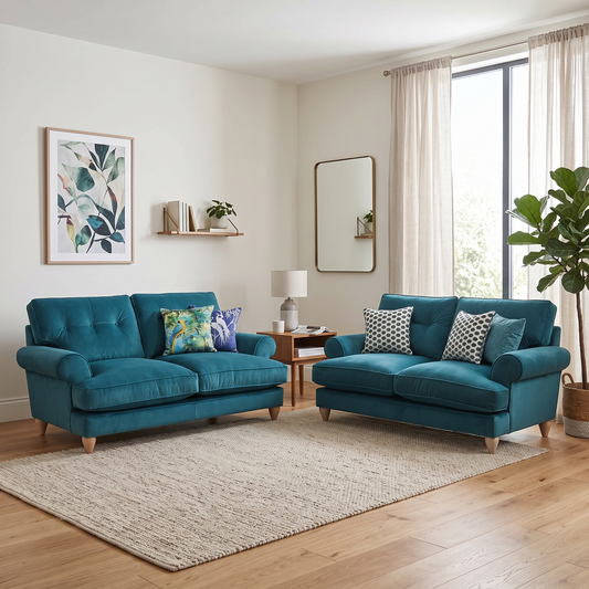 The Lounge Co. ‘Bronwyn’ Eve259 Evening Teal Velvet Fabric 2.5 + 2.5 Seater Classic Back Sofa Set Furniture Village