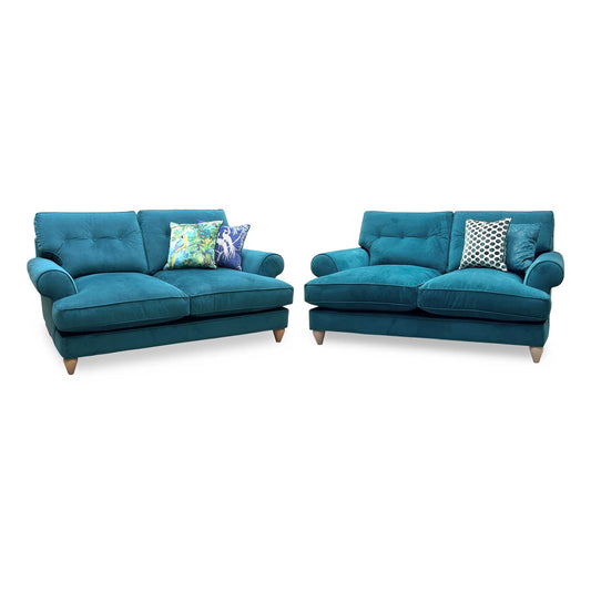 The Lounge Co. ‘Bronwyn’ Eve259 Evening Teal Velvet Fabric 2.5 + 2.5 Seater Classic Back Sofa Set Furniture Village