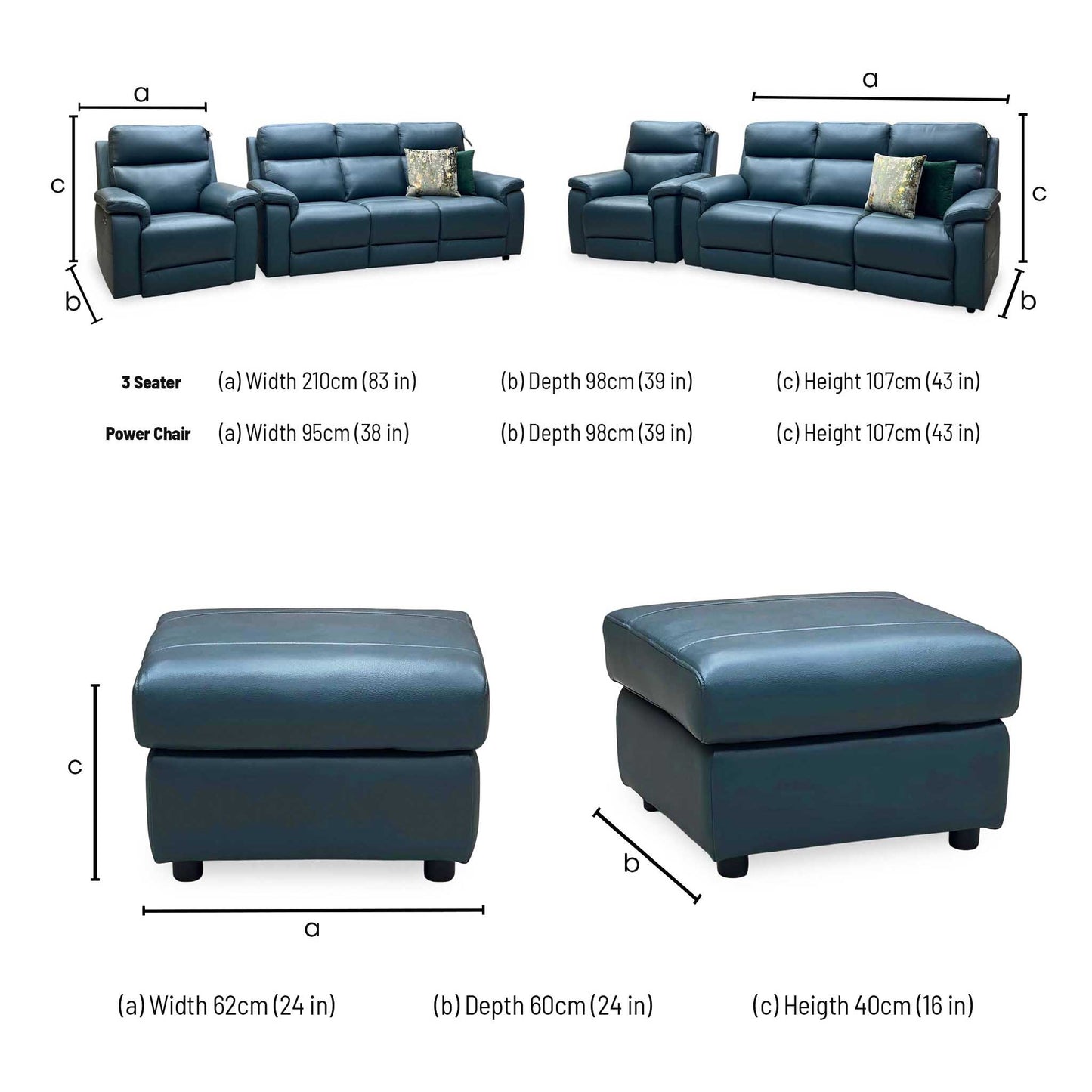 ‘Raven’ Oslo Peacock Green Leather Set: 3 Seater + Power Chair with Footstool Sofa Set