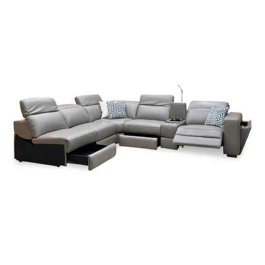 'Ankara' Mushroom Grey Leather Large Left Hand Facing Power Recliner Corner Sofa with Storage, Cup holders, Wireless Charging and Reading Light