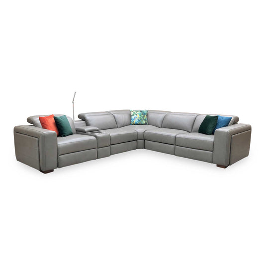 ‘Ankara’ Mushroom Grey Leather Large Modular Power Recliner Corner Sofa with Storage, Cup holders, Wireless Charging and Reading Light Direct From Manufacturer