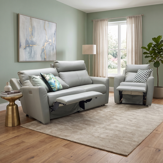 G Plan ‘Wren’ L858 Cambridge Olive Green Leather 2 Cushion 3 Seater Power Recliner Sofa with Power Headrests and Power Lumbar + Power Chair Furniture Village