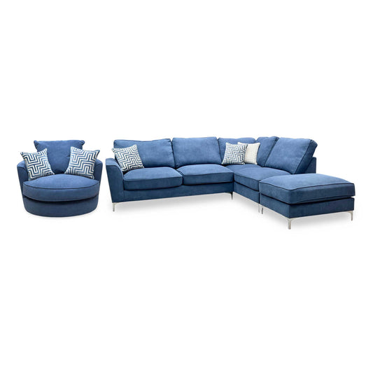 'Legend' Cosmo Navy Fabric Right Hand Facing Classic Back Corner Sofa + Swivel Chair Sofa Set