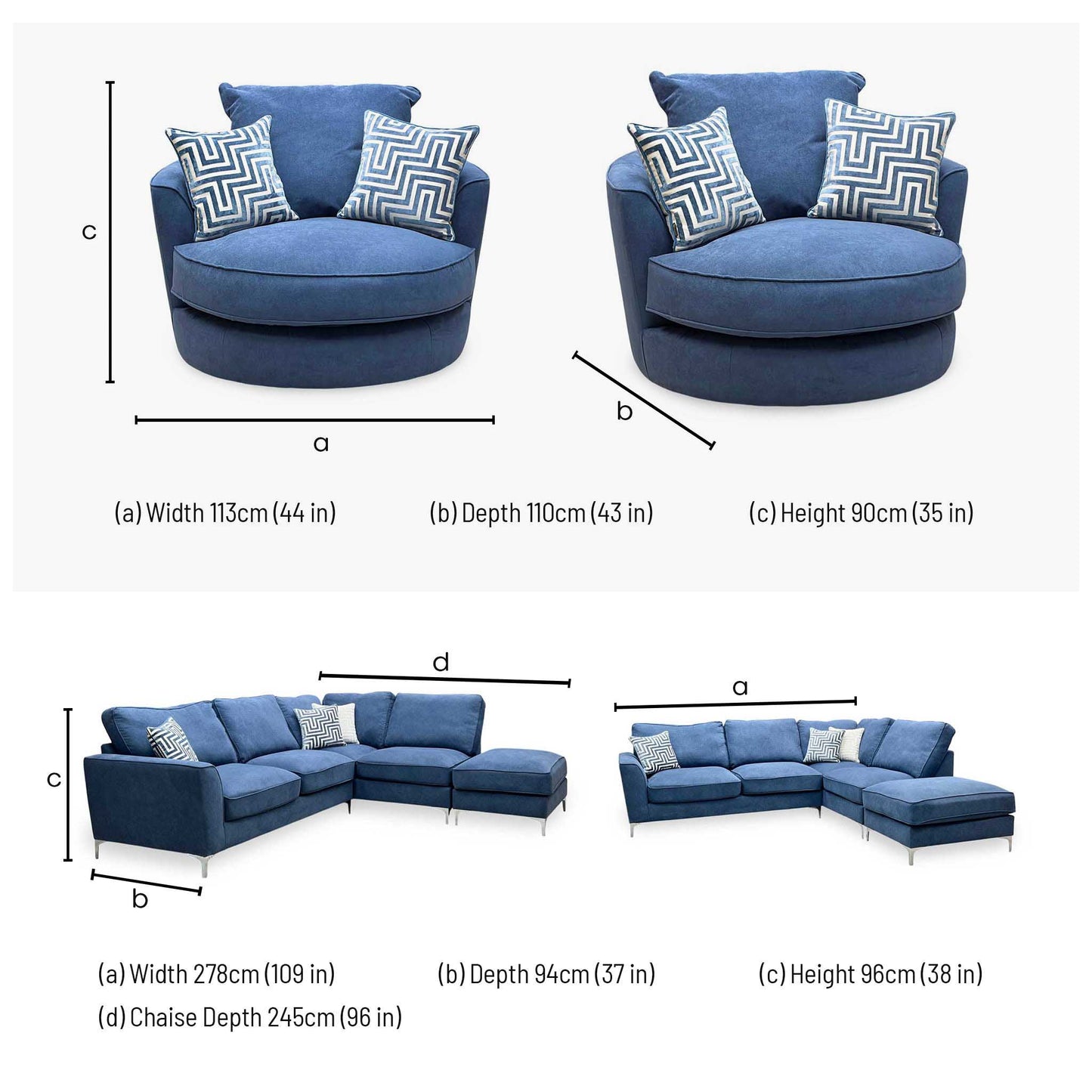 'Legend' Cosmo Navy Fabric Right Hand Facing Classic Back Corner Sofa + Swivel Chair Sofa Set