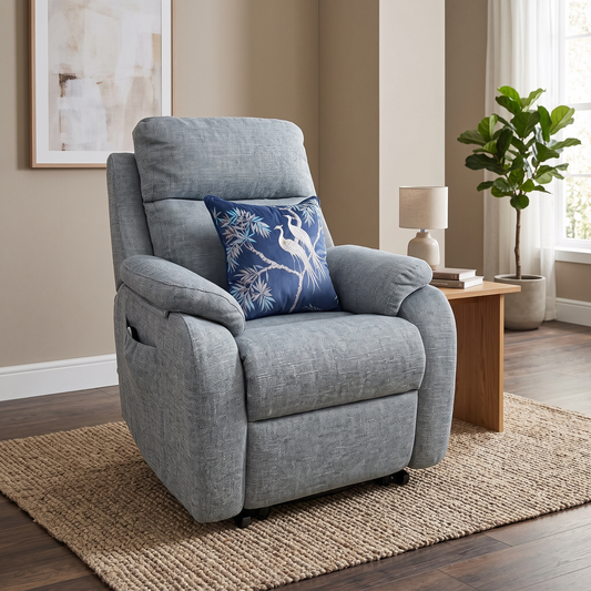 G Plan 'Kingsbury' A020 Dapple Kingfisher Grey Woven Fabric Large Lift and Rise Recliner Chair Furniture Village