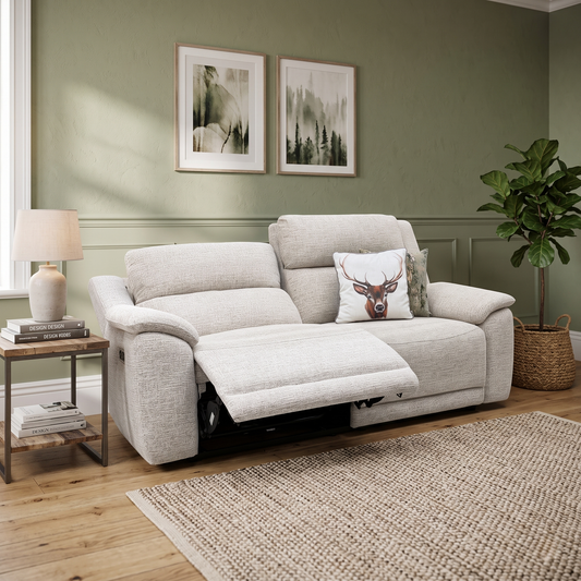 ‘Utah’ Oatmeal Fabric 3 Seater Power Recliner Sofa with Power Headrests and Power Lumbar